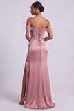 Off the Shoulder Dusty Rose Beaded Corset Satin Mermaid Prom Dress with Slit