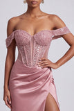 Off the Shoulder Dusty Rose Beaded Corset Satin Mermaid Prom Dress with Slit