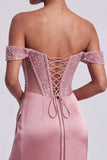 Off the Shoulder Dusty Rose Beaded Corset Satin Mermaid Prom Dress with Slit