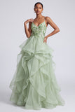 Light Green Ruffle A Line Sequin Long Prom Dress with Lace-up Back