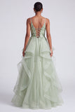 Light Green Ruffle A Line Sequin Long Prom Dress with Lace-up Back