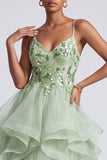 Light Green Ruffle A Line Sequin Long Prom Dress with Lace-up Back