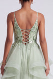 Light Green Ruffle A Line Sequin Long Prom Dress with Lace-up Back