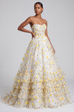 Light Yellow 3D Floral Applique Corset Strapless Long Prom Dress with Lace-up Back