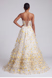 Light Yellow 3D Floral Applique Corset Strapless Long Prom Dress with Lace-up Back