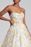 Light Yellow 3D Floral Applique Corset Strapless Long Prom Dress with Lace-up Back