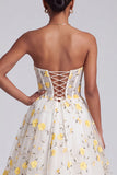 Light Yellow 3D Floral Applique Corset Strapless Long Prom Dress with Lace-up Back