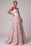 Pink Strapless Corset Beaded Floral A Line Prom Dress