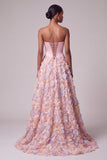 Pink Strapless Corset Beaded Floral A Line Prom Dress