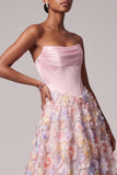 Pink Strapless Corset Beaded Floral A Line Prom Dress