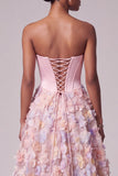 Pink Strapless Corset Beaded Floral A Line Prom Dress