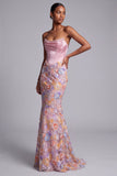 Floral Pink Corset Satin Beaded Mermaid Strapless Long Prom Dress