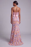 Floral Pink Corset Satin Beaded Mermaid Strapless Long Prom Dress