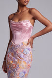 Floral Pink Corset Satin Beaded Mermaid Strapless Long Prom Dress