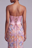 Floral Pink Corset Satin Beaded Mermaid Strapless Long Prom Dress