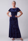 Navy Velvet Bateau Neck Floral Mother of the Bride Dress with Flutter Sleeves