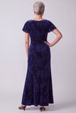Navy Velvet Bateau Neck Floral Mother of the Bride Dress with Flutter Sleeves