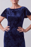 Navy Velvet Bateau Neck Floral Mother of the Bride Dress with Flutter Sleeves