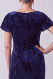 Navy Velvet Bateau Neck Floral Mother of the Bride Dress with Flutter Sleeves