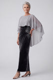 Black Velvet Embroidered Sheath Mother of the Bride Dress with Chiffon Cape