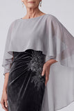 Black Velvet Embroidered Sheath Mother of the Bride Dress with Chiffon Cape