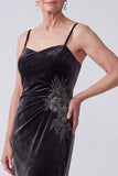 Black Velvet Embroidered Sheath Mother of the Bride Dress with Chiffon Cape