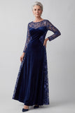 Navy Illusion Neck Long Sleeve Embroidery A Line Sequin Velvet Mother of the Bride Dress