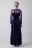 Navy Illusion Neck Long Sleeve Embroidery A Line Sequin Velvet Mother of the Bride Dress