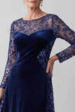 Navy Illusion Neck Long Sleeve Embroidery A Line Sequin Velvet Mother of the Bride Dress