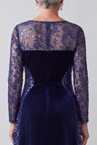 Navy Illusion Neck Long Sleeve Embroidery A Line Sequin Velvet Mother of the Bride Dress