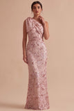 One Shoulder Pink Sheath Sequin Embroidered Maxi Wedding Guest Dress with Bow