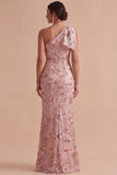 One Shoulder Pink Sheath Sequin Embroidered Maxi Wedding Guest Dress with Bow