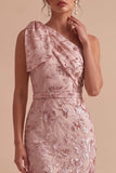 One Shoulder Pink Sheath Sequin Embroidered Maxi Wedding Guest Dress with Bow