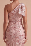 One Shoulder Pink Sheath Sequin Embroidered Maxi Wedding Guest Dress with Bow