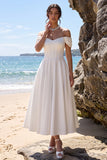 Off the Shoulder White Corset A Line Midi Engagement Dress