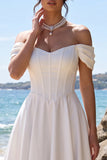 Off the Shoulder White Corset A Line Midi Engagement Dress