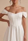 Off the Shoulder White Corset A Line Midi Engagement Dress