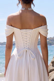 Off the Shoulder White Corset A Line Midi Engagement Dress