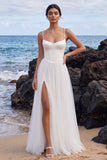 White Corset Spaghetti Straps A Line Wedding Dress with Slit