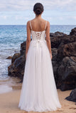 White Corset Spaghetti Straps A Line Wedding Dress with Slit