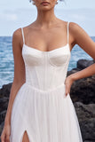 White Corset Spaghetti Straps A Line Wedding Dress with Slit