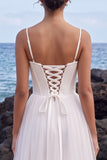 White Corset Spaghetti Straps A Line Wedding Dress with Slit
