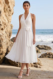 Halter White Chiffon A Line Midi Bridal Shower Dress with Tie Bow