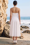 Halter White Chiffon A Line Midi Bridal Shower Dress with Tie Bow