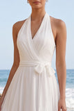 Halter White Chiffon A Line Midi Bridal Shower Dress with Tie Bow