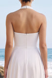 Halter White Chiffon A Line Midi Bridal Shower Dress with Tie Bow