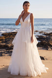 White V-Neck Ruffle Organza A Line Wedding Dress with Lace-up Back