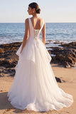 White V-Neck Ruffle Organza A Line Wedding Dress with Lace-up Back