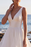 White V-Neck Ruffle Organza A Line Wedding Dress with Lace-up Back