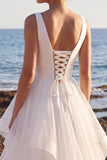White V-Neck Ruffle Organza A Line Wedding Dress with Lace-up Back